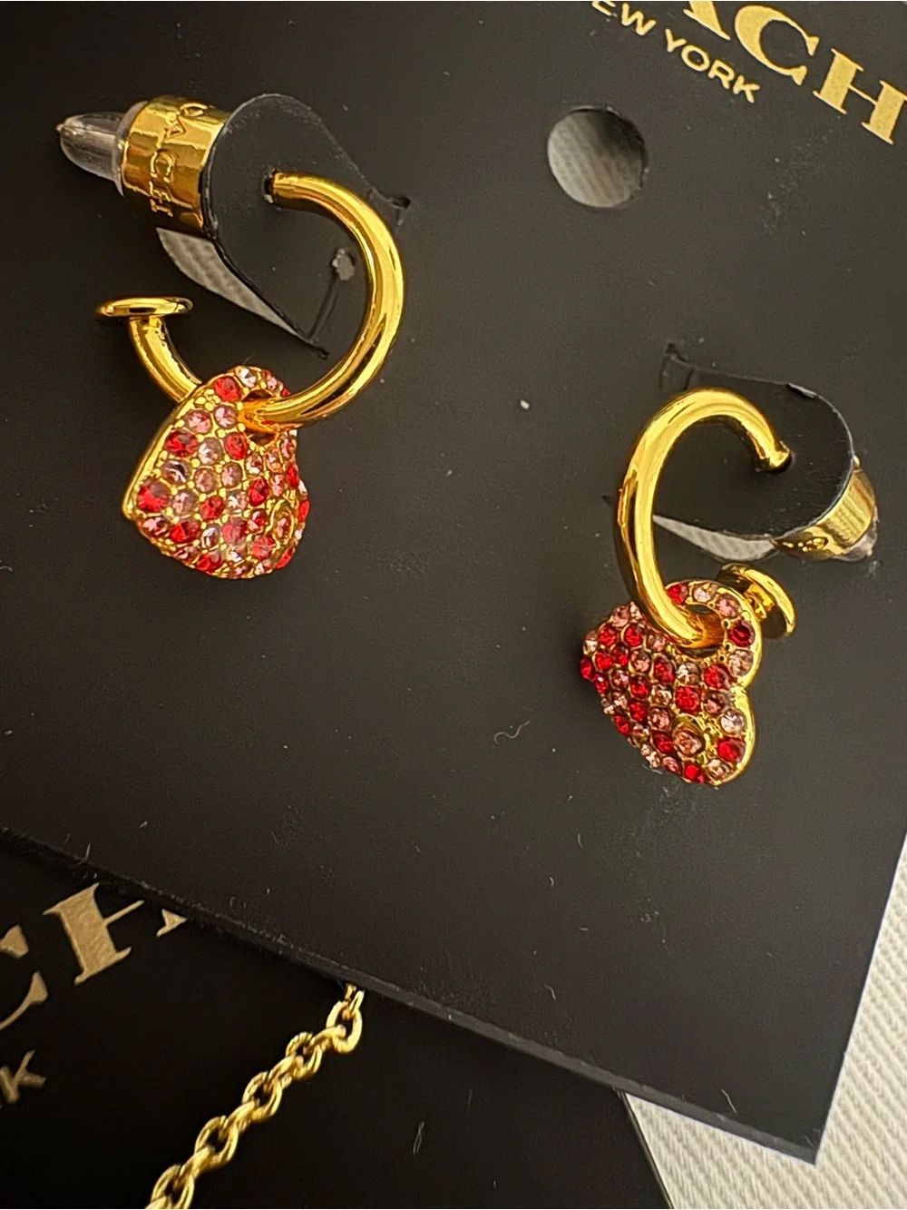 Coach Gold-Tone Necklace & Hoop Earrings with Red Crystal Heart Charms